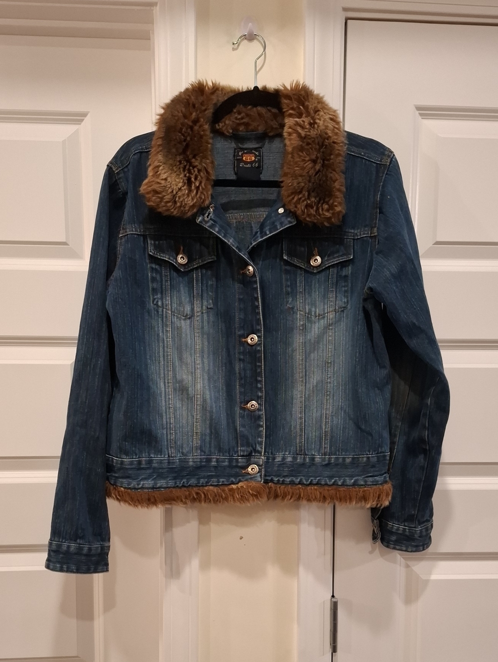 Y2k Route 66 Faux Fur Trim Collar Denim Jacket Size XL